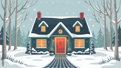 winter landscape with house and trees