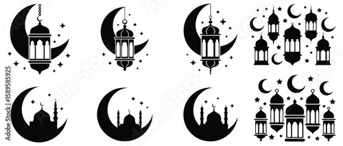Black Islamic crescent moon mosque and lantern silhouettes