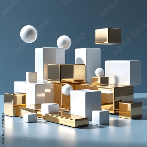 Modern abstract design of floating white and gold cubes on a clean blue background. Minimalist 3D geometry with elegant contrast and soft lighting, perfect for branding and editorial design.