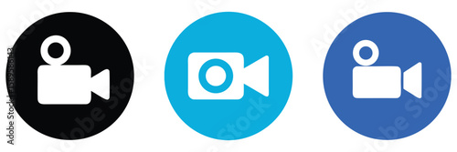 Three video camera icons in black blue and purple video icon