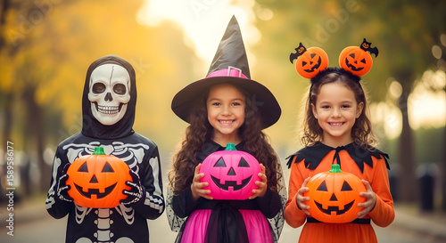 Three smiling children in Halloween costumes holding jack-o'-lantern buckets.