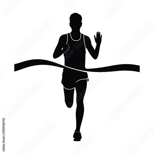 Runner Crossing Finish Line Silhouette Vector Isolated Black and White