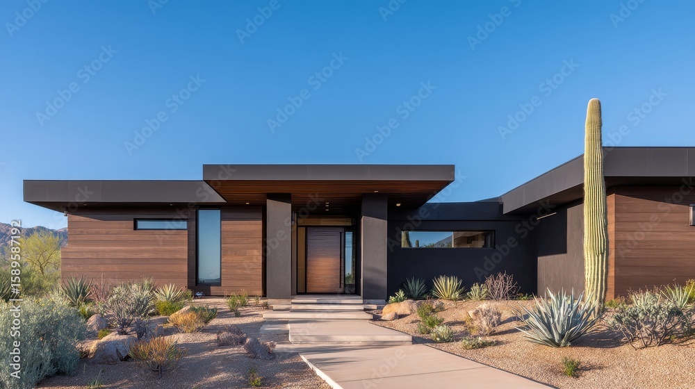 Fototapeta premium Modern desert home with sleek architecture, surrounded by cacti and desert landscape under clear blue sky