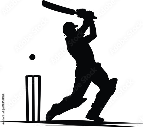 Silhouette of a cricket batsman vector illustration isolated in black and white on white background