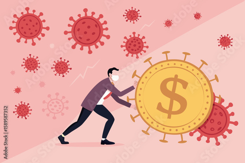 Pandemic Finance Crisis Man Struggles to Push Virus Laden Dollar Coin Amid COVID 19 Impact Economic Downturn with