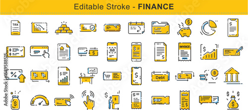 Collection of finance and business icons representing banking taxes investments and digital transactions with editable strokes.