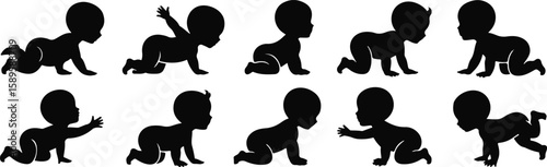 Silhouettes of babies crawling in various poses baby infant set, bundle, vector, isolated on white background, cutout, png, clipping path, transparent, image, download, 2025,2026