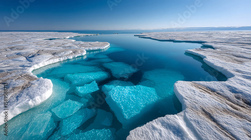 A serene and fragile Arctic landscape with melting ice floes creating a deep blue meltwater channel