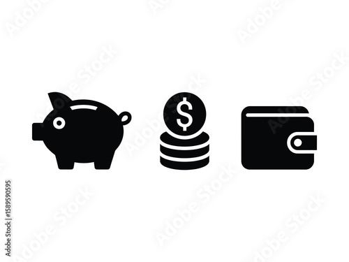 Finance Icon Set Featuring Business, Money Signs, Wallet with Cards, Coins, Growth Chart, Moneybag, and Piggy Bank Silhouettes in Flat Vector Style for Financial Projects

