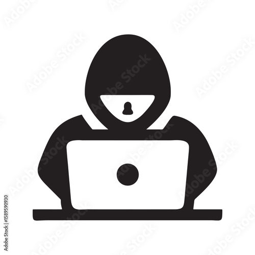 Cartoon illustration of a masked hacker or thief stealing data from a person's laptop