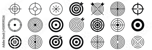 Target and aim icon set, crosshair, bullseye vector graphics representing precision, accuracy, and focus for use in archery, shooting, navigation, and aiming applications