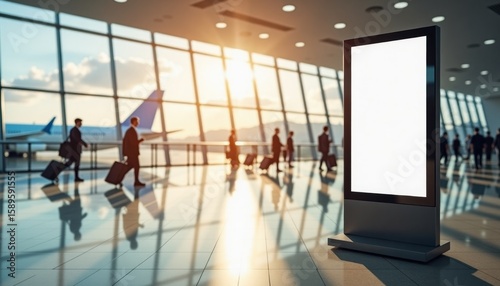 Busy airport terminal with travelers walking by empty advertising display  