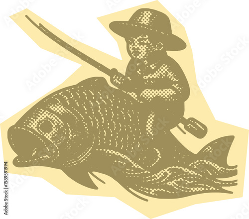  Engraving style green color boy with hat riding fish paper cut vector, canvas template stamp dot halftone decor, decorative engraving art, vintage style design element