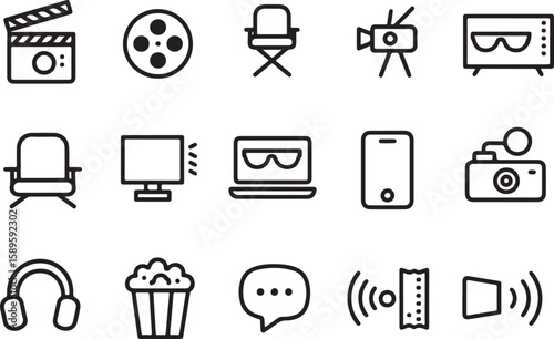 Collection of cinema and entertainment icons in a simple line art style