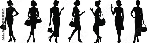 Silhouettes of women in dresses and holding handbags black white set, bundle, vector, isolated on white background, cutout, png, clipping path, transparent, image, download, 2025,2026