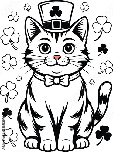 St. Patrick’s Day cat wearing a clover hat in black and white vector illustration, isolated on white background