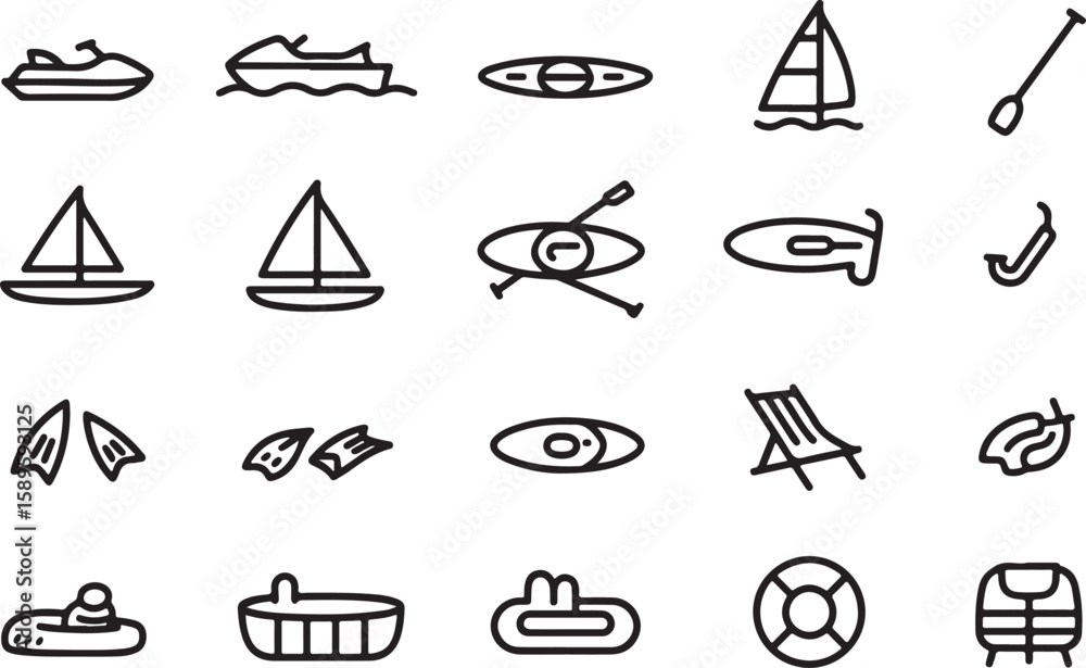 Fototapeta premium Collection of water sports and beach icons on a white background