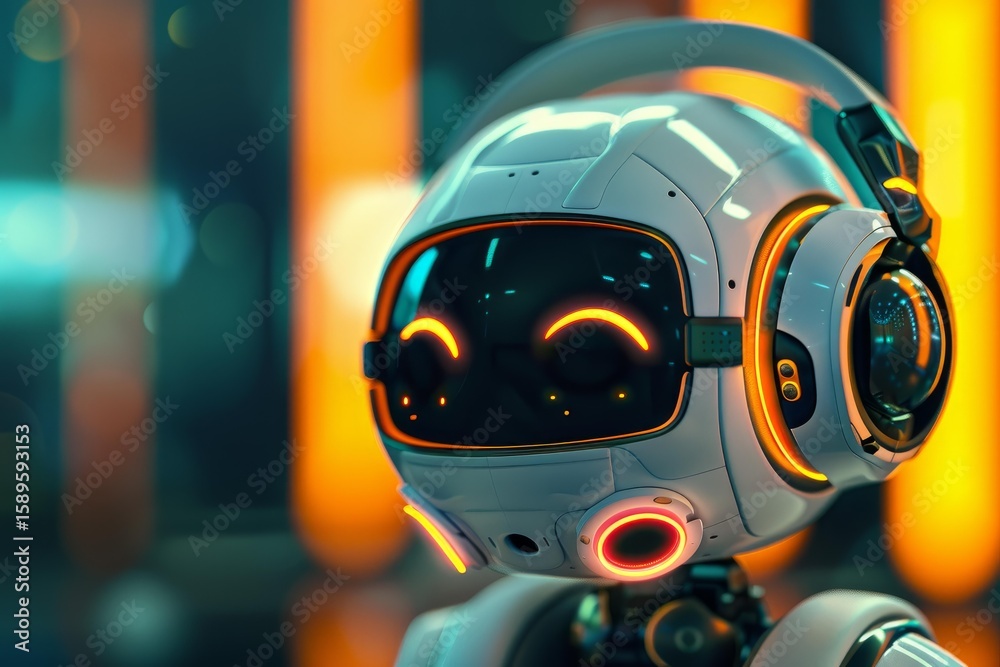 Fototapeta premium Friendly white robot enjoying music using headphones, illuminated by neon lights in a vibrant futuristic cityscape