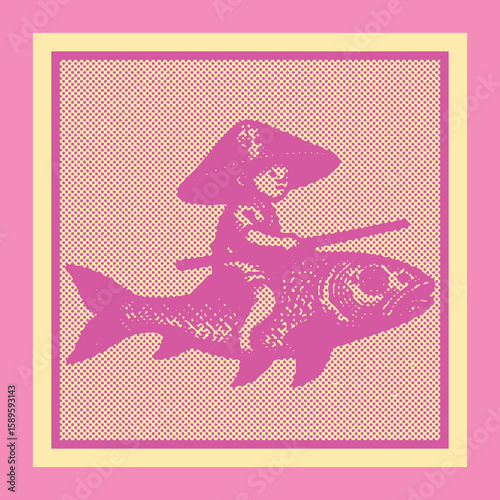  Engraving style pink color boy with hat riding fish vector, canvas template, stamp dot halftone decor design, decorative vintage art, detailed line work, children fantasy illustration, aquatic theme