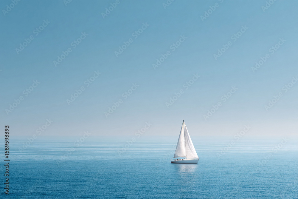 Obraz premium Serene seascape featuring a white sailboat gliding across calm, blue waters under a clear sky. Evokes peace, freedom, journey. Ideal for travel, lifestyle, and motivational themes.