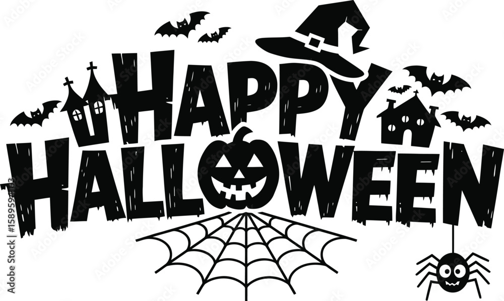 Fototapeta premium Happy Halloween typography with Pumpkin, Bats, Spider Web, vector illustration