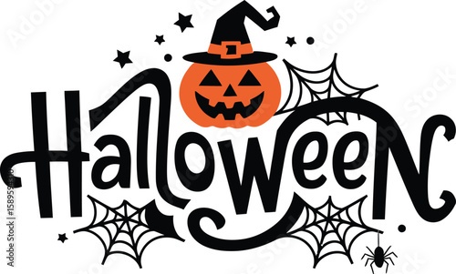 Halloween Vector with Pumpkin, Witch Hat, Spider Webs, and Decorative Typography