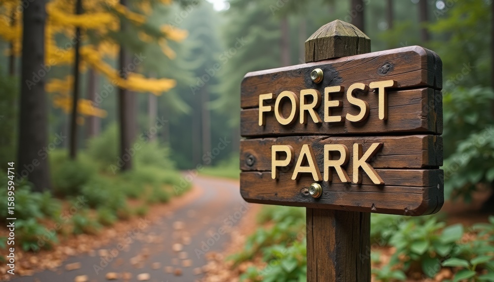 Wooden signpost for Forest Park in autumn forest landscape Wooden signpost for Forest Park in autumn forest landscape