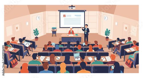 A large group of students attending a lecture in a university auditorium.