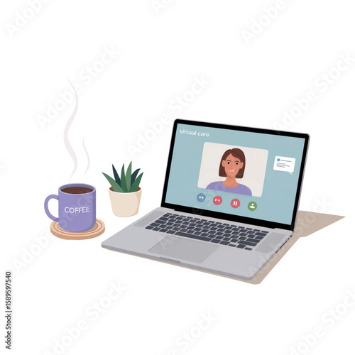 Vector illustration of a laptop with a video call interface, a coffee mug and plant on the desk. Concept of remote work, online meetings, modern digital lifestyle.