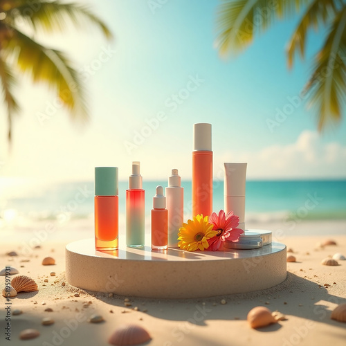 Beachside Beauty: Skincare Products Displayed with Flowers and Seashells.