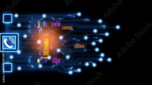 Smartphone SIM card on circuit board with call icon, Futuristic circuit board design in neon blue, captured from a side angle. The video style emphasizes technology and innovation. 4k motion video.