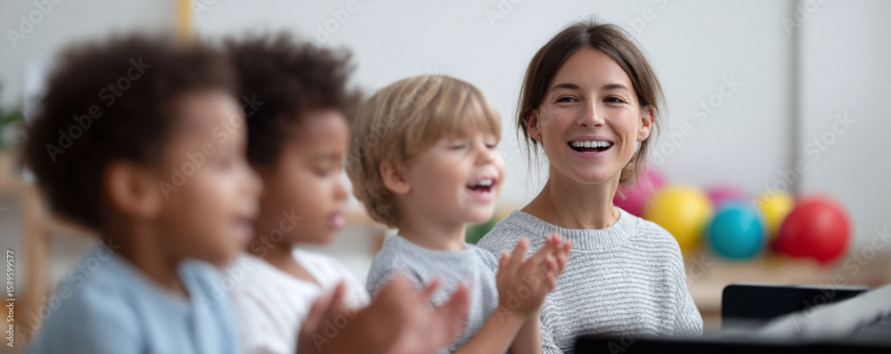 Fototapeta premium Smiling teacher with diverse kids clapping hands. Represents learning, inspiration, and joy. Perfect for education, childcare, and early development themes.