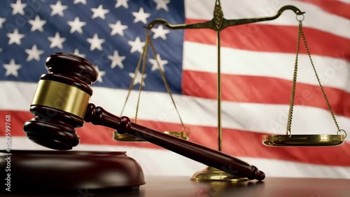 Scales of justice and gavel before American flag backdrop, court