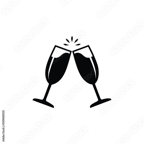 Two black champagne glasses clinking together in celebration, isolated ona  white background