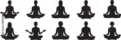 Multiple black silhouettes of people meditating in lotus pose meditation yoga set, bundle, vector, isolated on white background, cutout, png, clipping path, transparent, image, download, 2025,2026