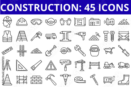 Construction set of 45 icons in line art style  