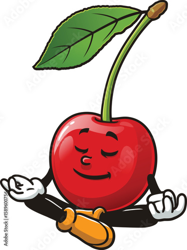 Cartoon character of cherry fruit is meditating or relaxing