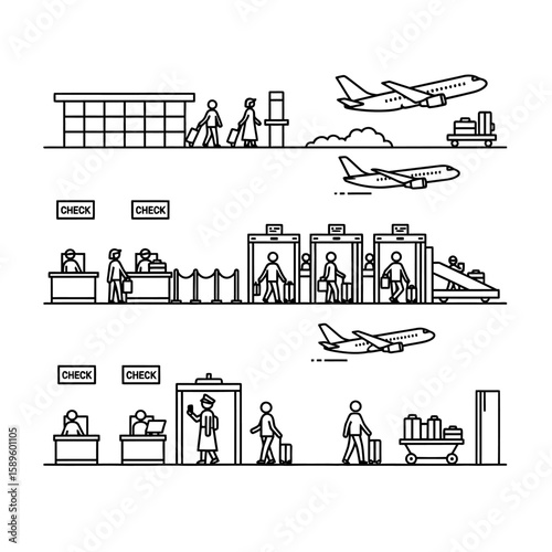 Vector art of airport checkin and security process illustration