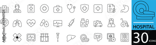 Minimal Hospital Line Icon Set 30 Clean Outline Designs for Medical, Emergency, and Healthcare Use
