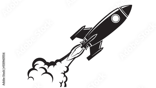 Black and white rocket ship launching, vector illustration