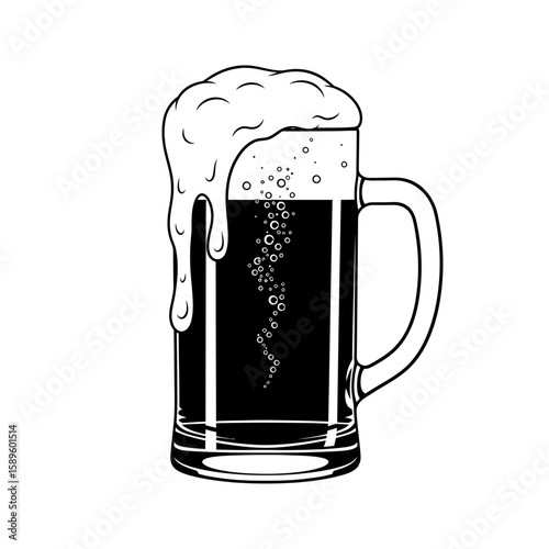 Vector art of a tall mug of dark beer with overflowing foam, isolated
