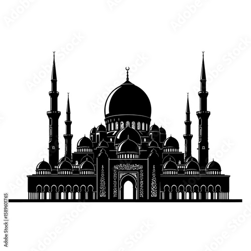 Vector art of an intricate black silhouette of a grand mosque