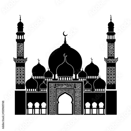 Vector art of a detailed black silhouette of a large mosque