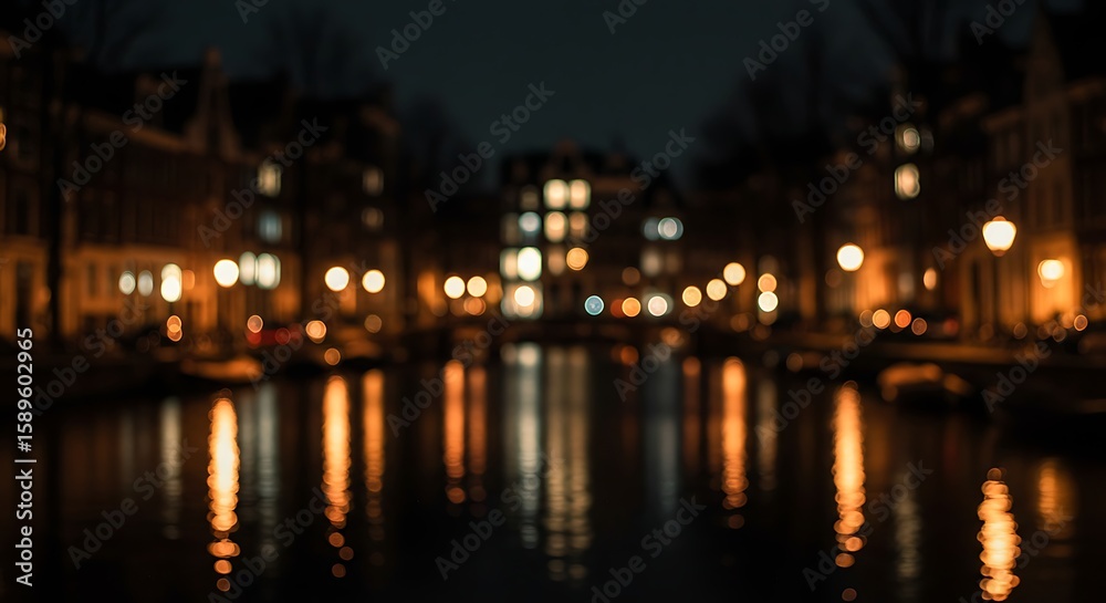 Fototapeta premium Nighttime canal scene with blurred lights reflecting on water, showcasing Amsterdam's architecture.