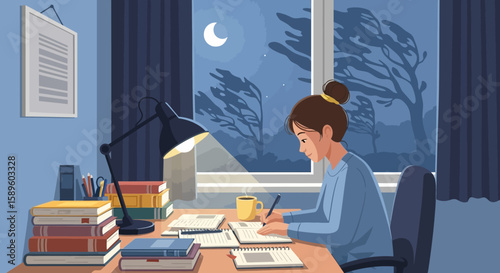A young woman studies at a desk under a lamp, night scene outside.