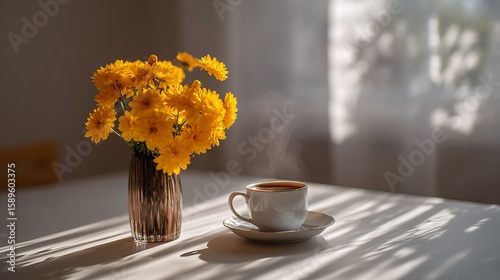Sunlit yellow flowers beside a steaming coffee cup on a pristine white table, breakfast, surface .