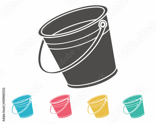 Vector art of a dark gray bucket with a handle, surrounded by four colorful smaller buckets