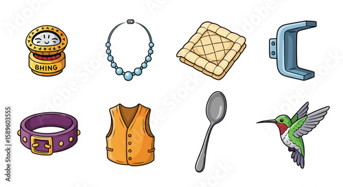 Illustrated assortment featuring a bhing doll necklace pot holder bracket bracelet vest spoon and hummingbird