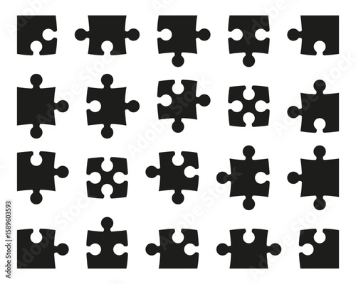 Set of black pieces puzzle icons. Jigsaw puzzle pieces silhouette template. Jigsaw puzzle sample for concept illustrations. Flat puzzle isolated on white background.