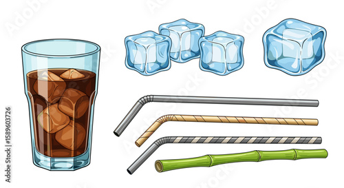 A refreshing glass of iced cola with ice cubes and an assortment of colorful drinking straws shown